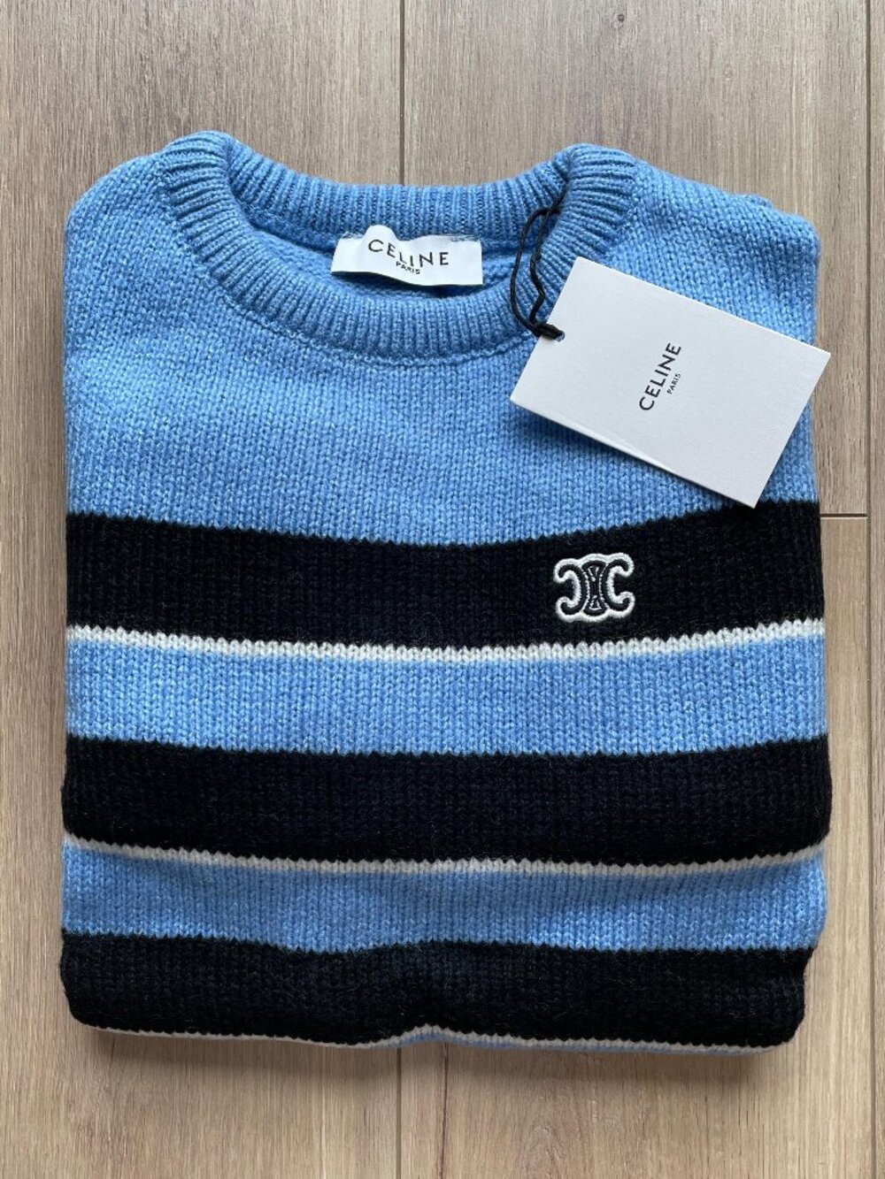Celine Paris Men Long Sleeve Crewneck Blue Sweaters Large